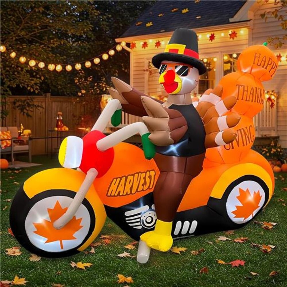 6.5 FT Thanksgiving Inflatable Turkey Riding Motorcycle - Picture 3 of 7